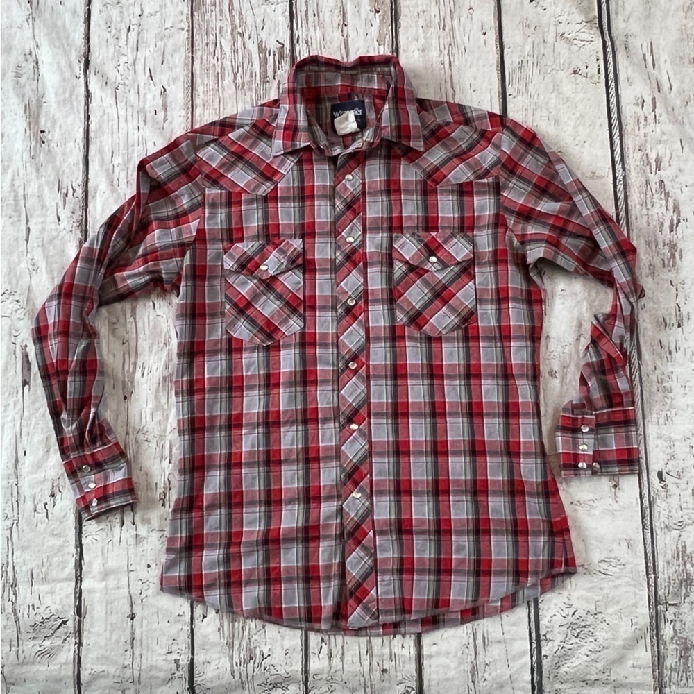 Vintage Western Wrangler Plaid Pearl Snap Button Down Long Sleeve Rancher Shirt